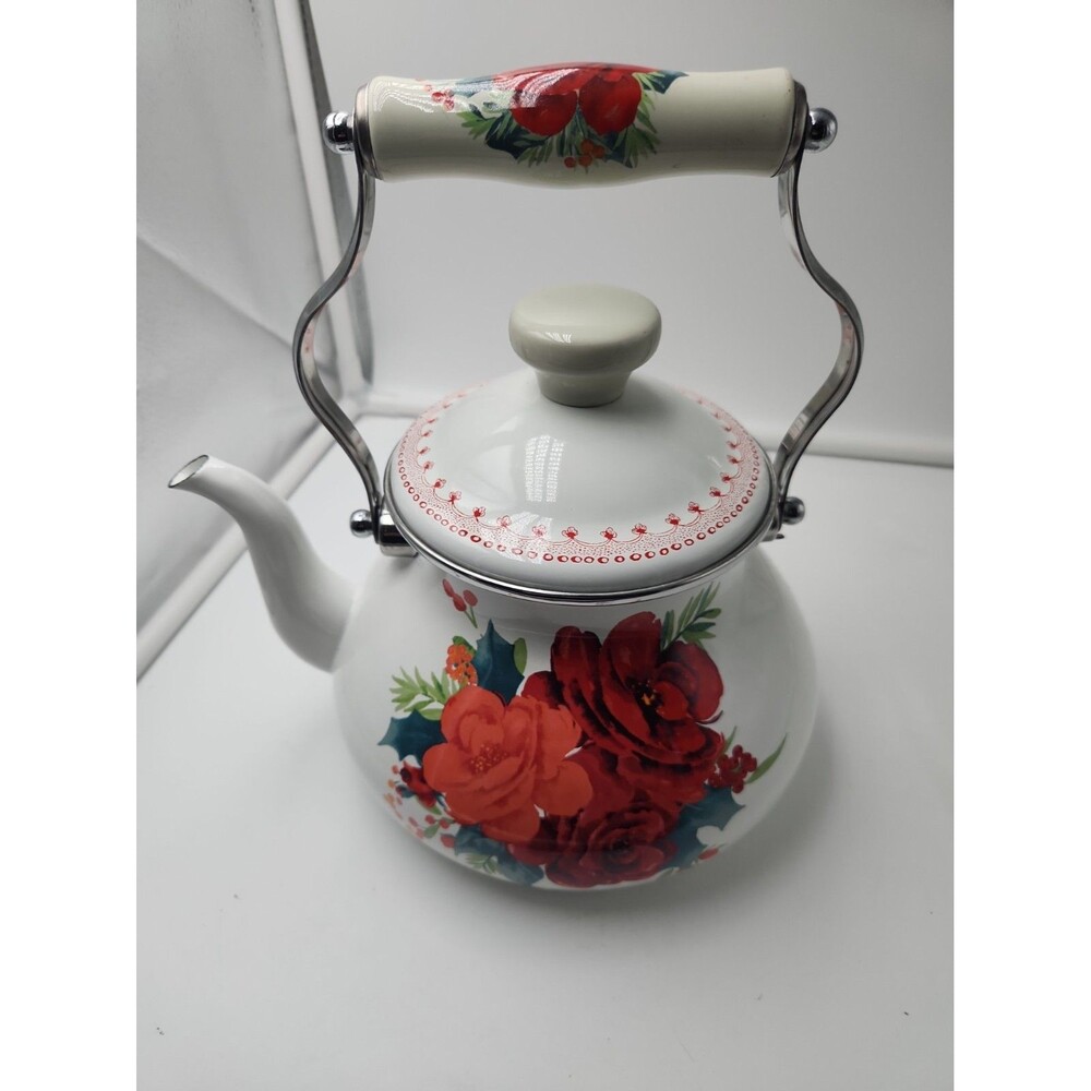 The Pioneer Woman Teapot Cheerful Rose Enamel on Steel 1.9 Quart Tea Kettle